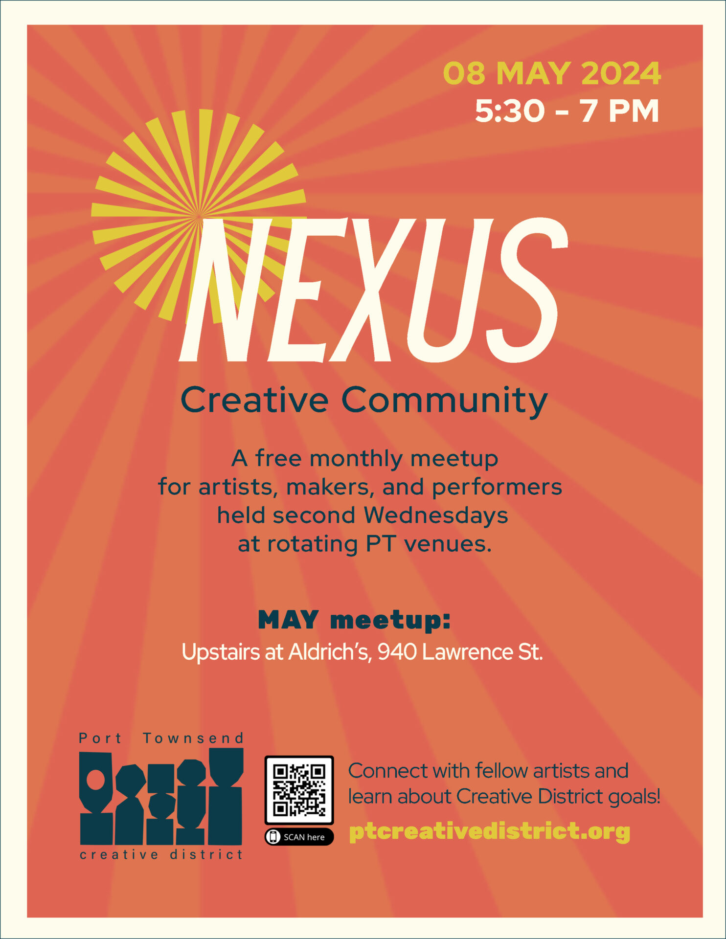 Flyer for Nexus meetup event, May 8 from 5:30 to 7pm at Aldrich's in Port Townsend